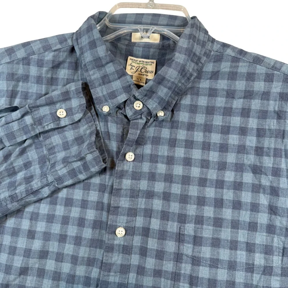 J Crew Slim Mens Blue‎ Buffalo Plaid Button Down Shirt Organic Cotton Stretch XL